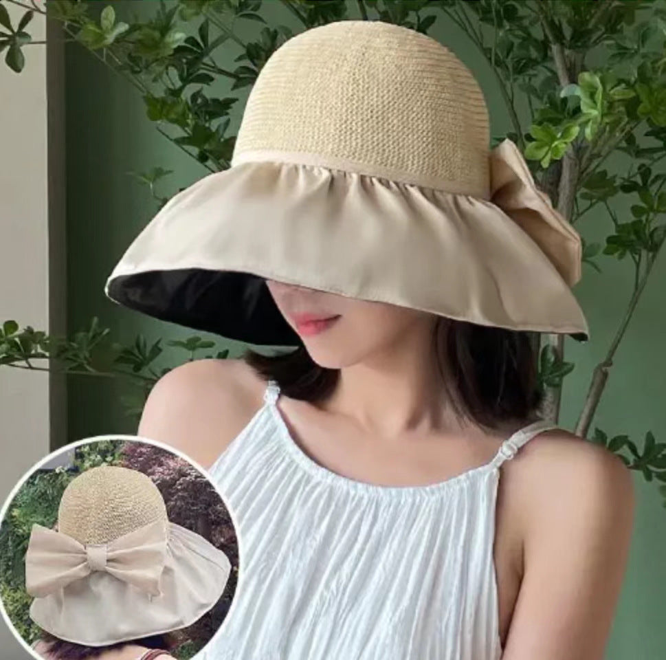 Summer Straw Sunhat With Large Brim And Big Bow Anti-UV Fisherman Hat Outdoor Sunshade And Face Protection Hat - iztia