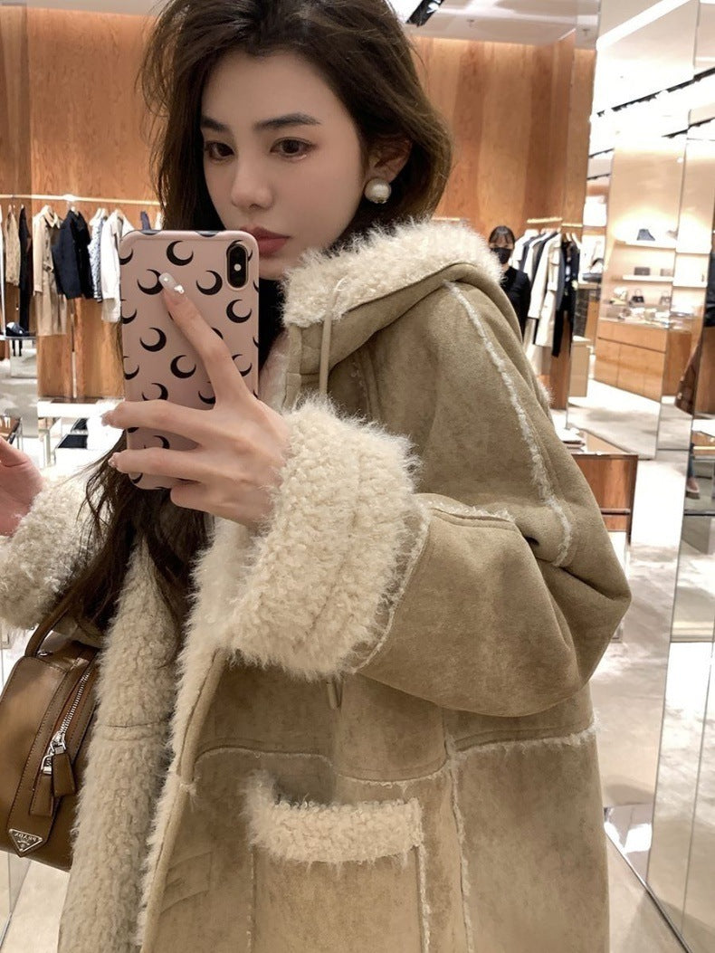 Hooded Suede Fur Lamb Warm Leisure Slimming Coat - iztia