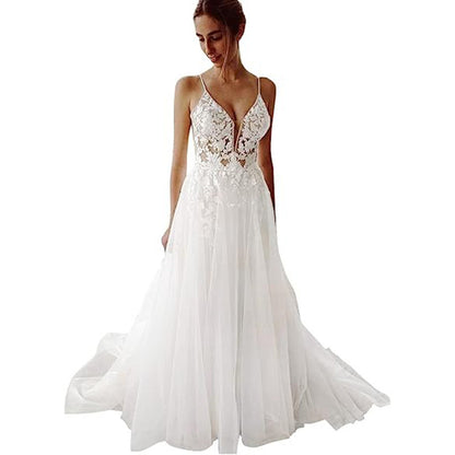 Women's Wedding Dress Lace Strap Backless - iztia