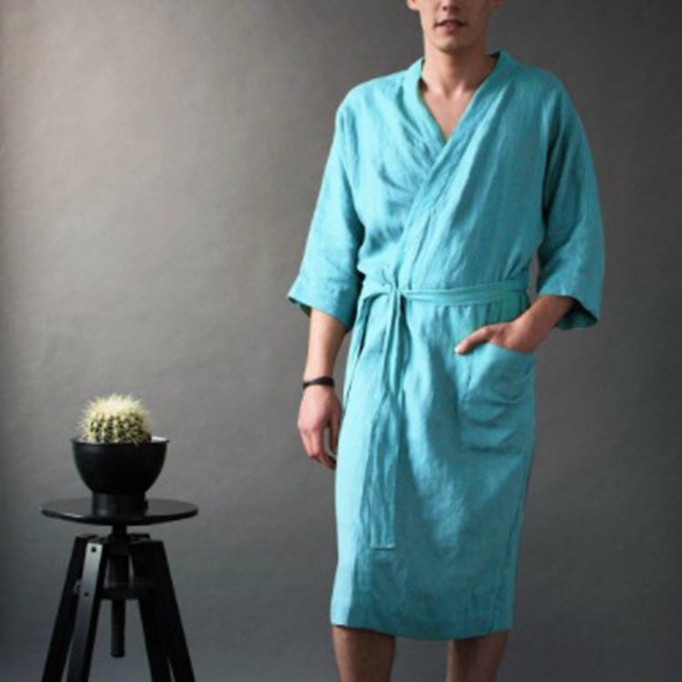 Solid Color Linen Pajamas Robe Bathrobe for Men and Women, Long Style - iztia