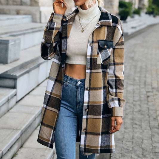 Women's Fashion Casual Plaid Printed Pocket Long Jacket - iztia