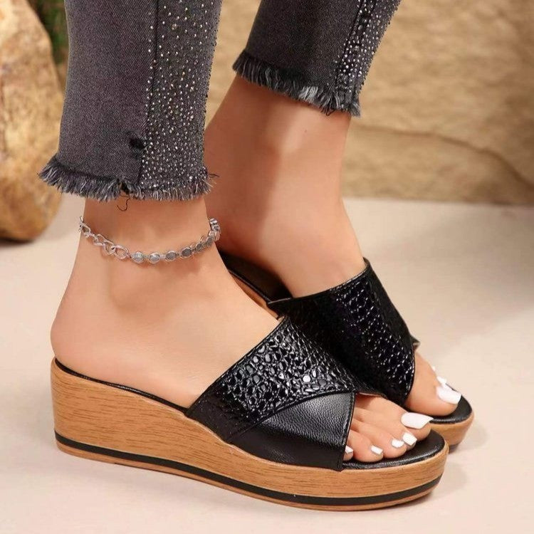 Fashion Snake-texture Wedges Sandals Summer Casual Peep-toe Thick Sole Heightening Slippers Outdoor Slides Shoes Women - iztia