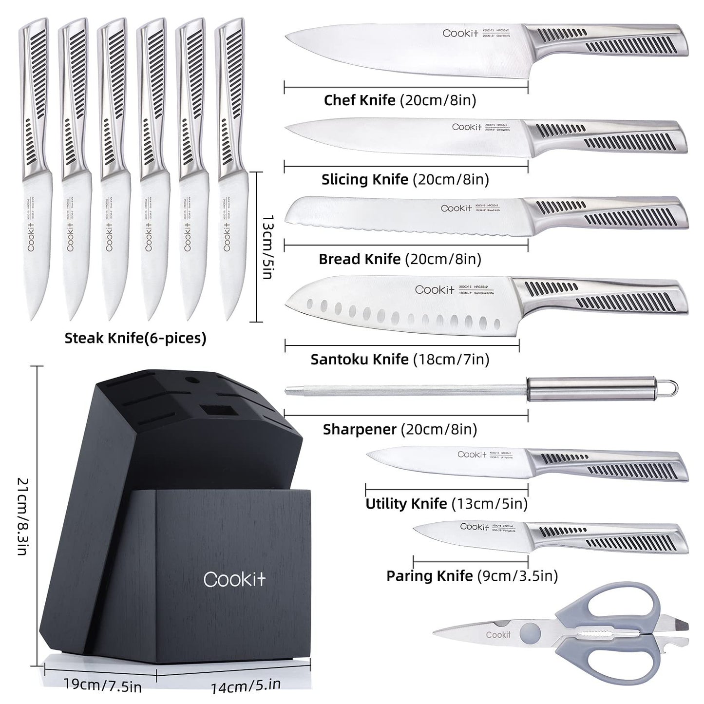 Kitchen Knife Set, 15 Piece Knife Sets with Block, Chef Knives with Non-Slip German Stainless Steel Hollow Handle Cutlery Set with Multifunctional Scissors Knife Sharpener  Amazon Platform Ba - iztia