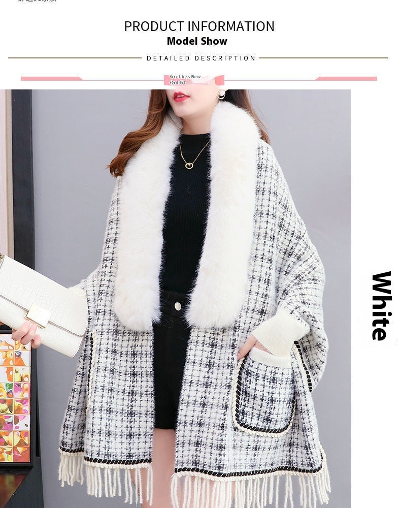 Autumn And Winter New Imitated Mink Cashmere Fur Collar Cape And Shawl Plus Size Tassel Knitted Cardigan - iztia