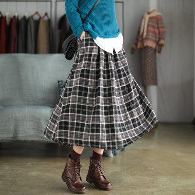 Ancient Coffee Clothing Artistic Brushed Plaid Skirt Retro Loose A- Line - iztia