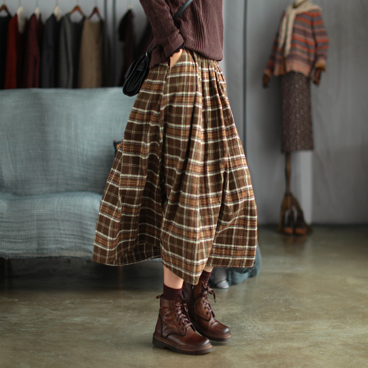 Ancient Coffee Clothing Artistic Brushed Plaid Skirt Retro Loose A- Line - iztia