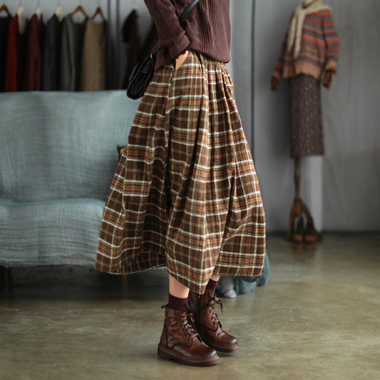 Ancient Coffee Clothing Artistic Brushed Plaid Skirt Retro Loose A- Line - iztia