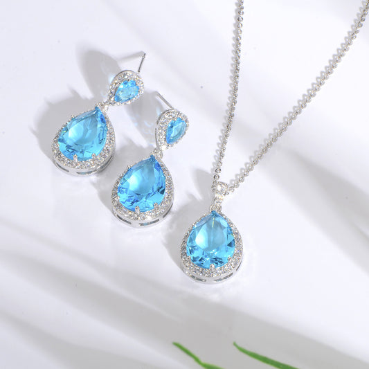 Bright Big Zircon Water Drops Necklace Eardrops Suit Bride Wedding Jewelry Simple Graceful - iztia