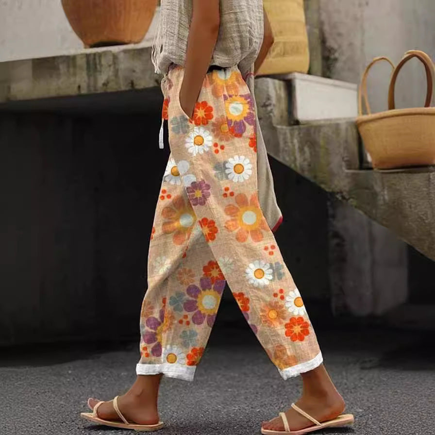 Pocket Casual Printed Elastic Waist Cropped Straight Pants - iztia