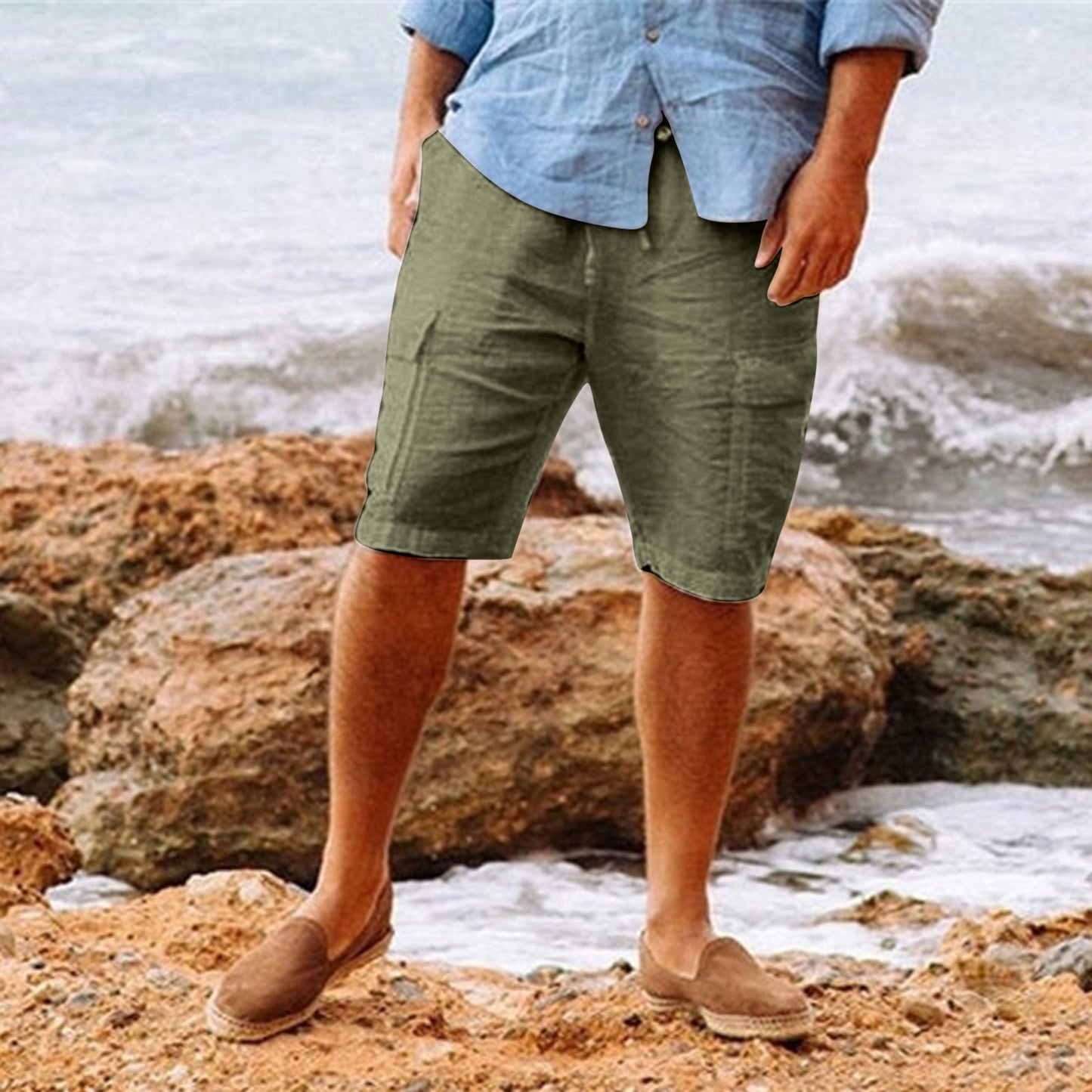 Men's Casual Vacation Beach Hawaiian Cotton Linen Multi-pocket Workwear Shorts - iztia