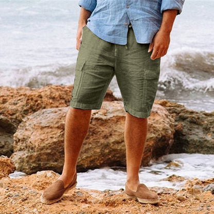 Men's Casual Vacation Beach Hawaiian Cotton Linen Multi-pocket Workwear Shorts - iztia