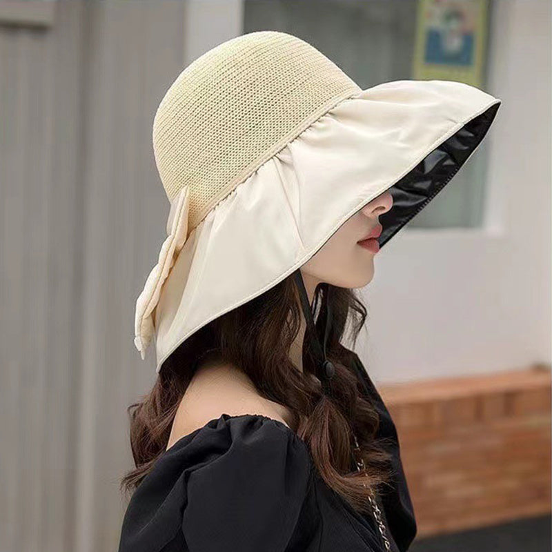 Summer Straw Sunhat With Large Brim And Big Bow Anti-UV Fisherman Hat Outdoor Sunshade And Face Protection Hat - iztia