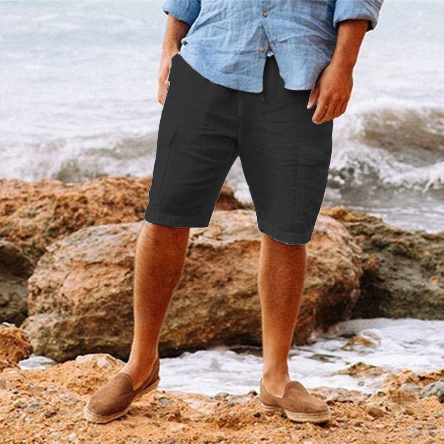 Men's Casual Vacation Beach Hawaiian Cotton Linen Multi-pocket Workwear Shorts - iztia