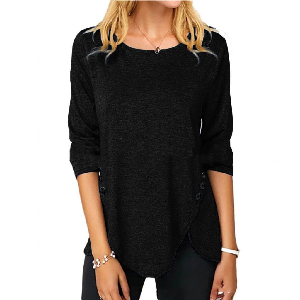 Irregular Button Hem Long Sleeved Round Neck Oversized T-shirt - iztia