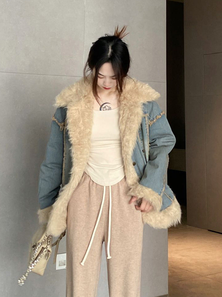 Denim Fur Collar Coat Women's Winter Hong Kong Style Vintage Top - iztia