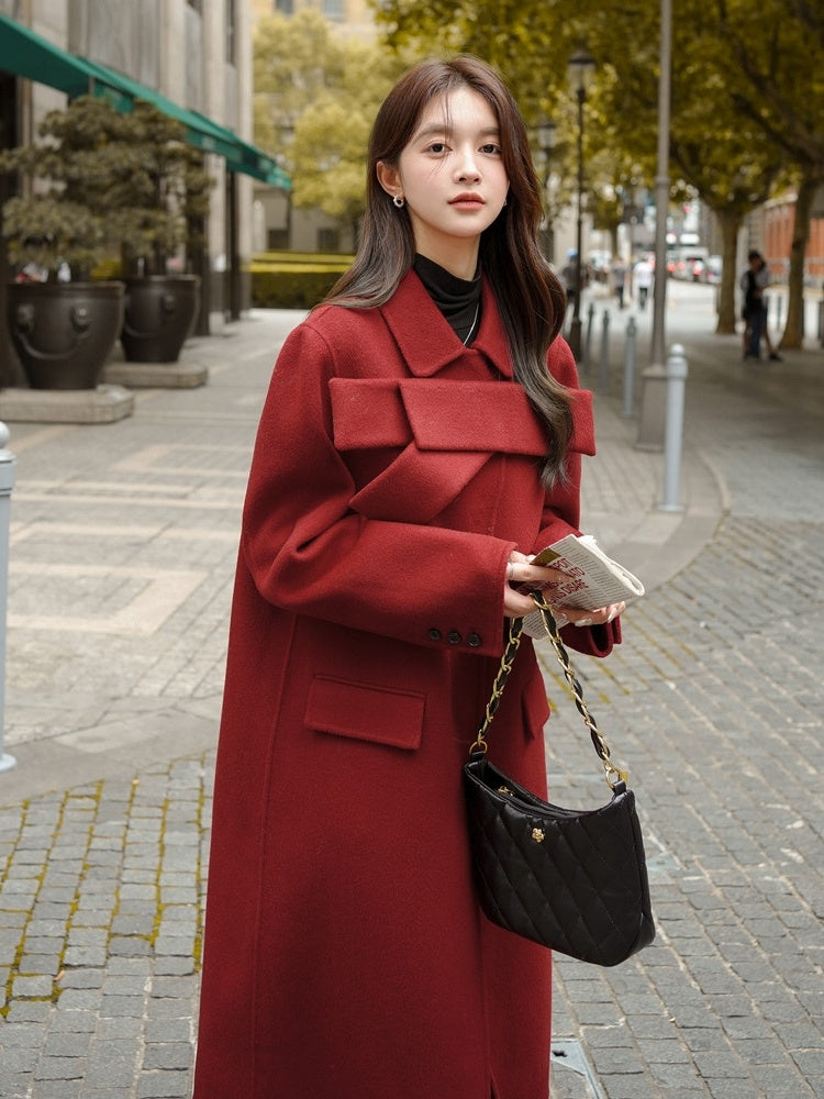 Women's Red Bowknot Woolen Coat Autumn Winter New Coat - iztia