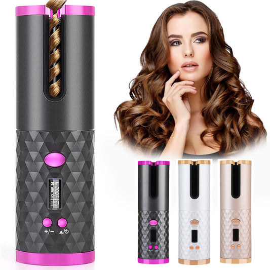 Rechargeable Automatic Hair Curler Women Portable Hair Curling Iron LCD Display Ceramic Curly Rotating Curling Wave Styer - iztia