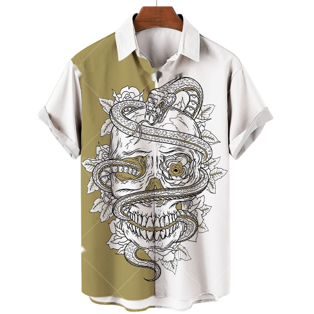 Men's Short-sleeve Lapel Shirt 3D Digital Skull Printed Shirt - iztia