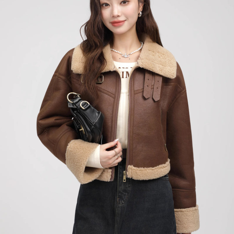 Stand Collar Fur Integrated Lamb Fur Short Coat - iztia