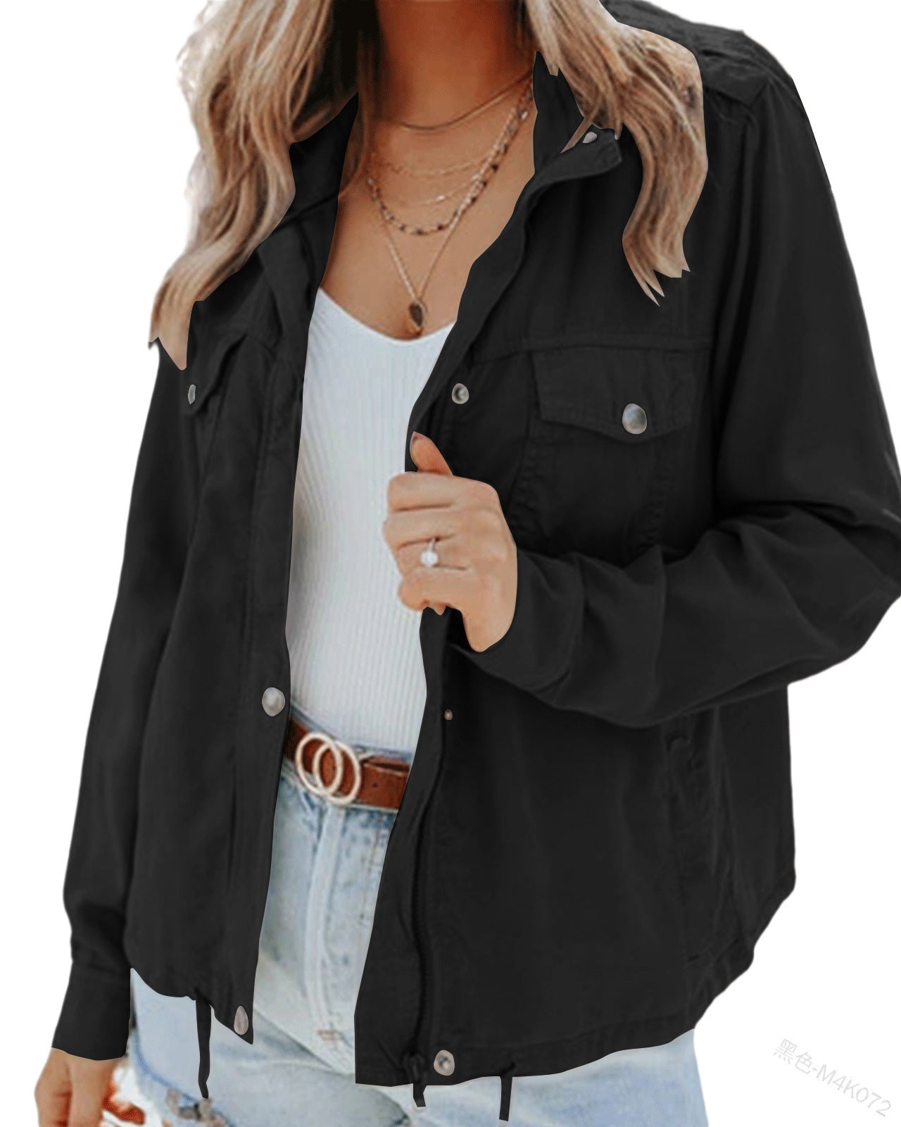 Polo Collar Zipper Hidden Hook Long Sleeve Pocket Drawstring Jacket Coat - iztia