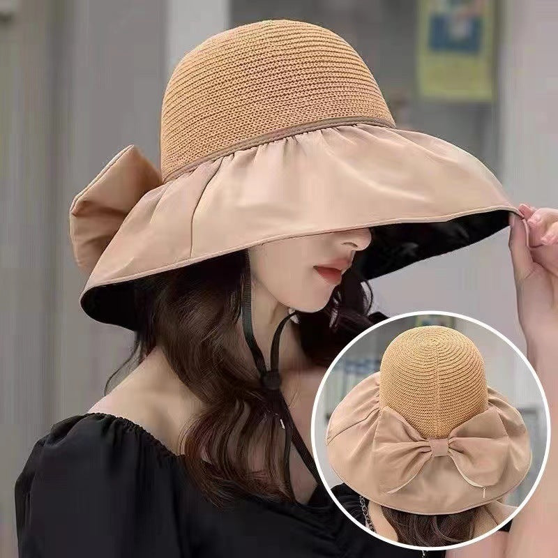 Summer Straw Sunhat With Large Brim And Big Bow Anti-UV Fisherman Hat Outdoor Sunshade And Face Protection Hat - iztia