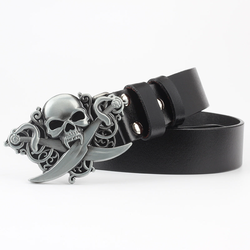 Casual Skull Decorative Two-layer Cowhide Belt - iztia