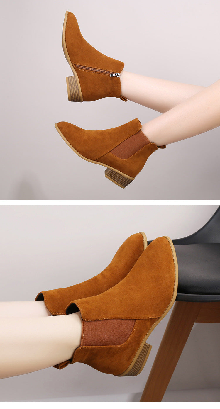 British Solid Color Suede Pointed Square Heel Martin Boots - iztia