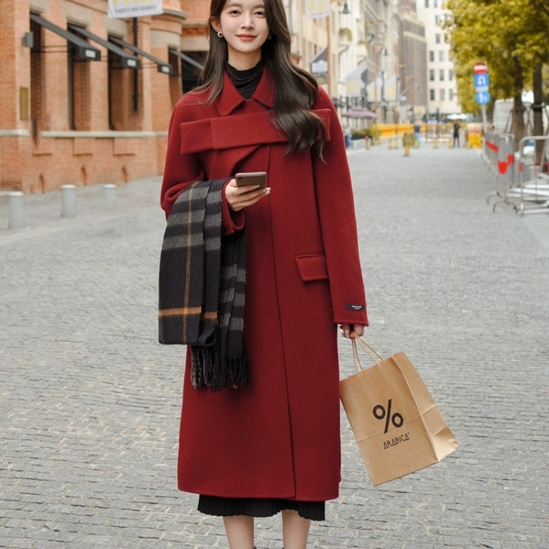 Women's Red Bowknot Woolen Coat Autumn Winter New Coat - iztia