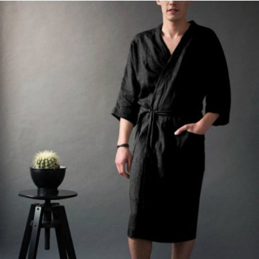 Solid Color Linen Pajamas Robe Bathrobe for Men and Women, Long Style - iztia