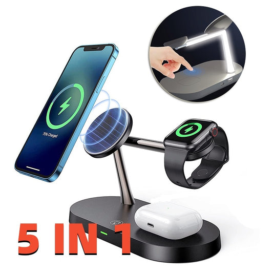 Multifunctional Five-In-One Magnetic Wireless Charging Watch Headset Desktop Mobile Phone Holder Charger 15W Fast Charge - iztia