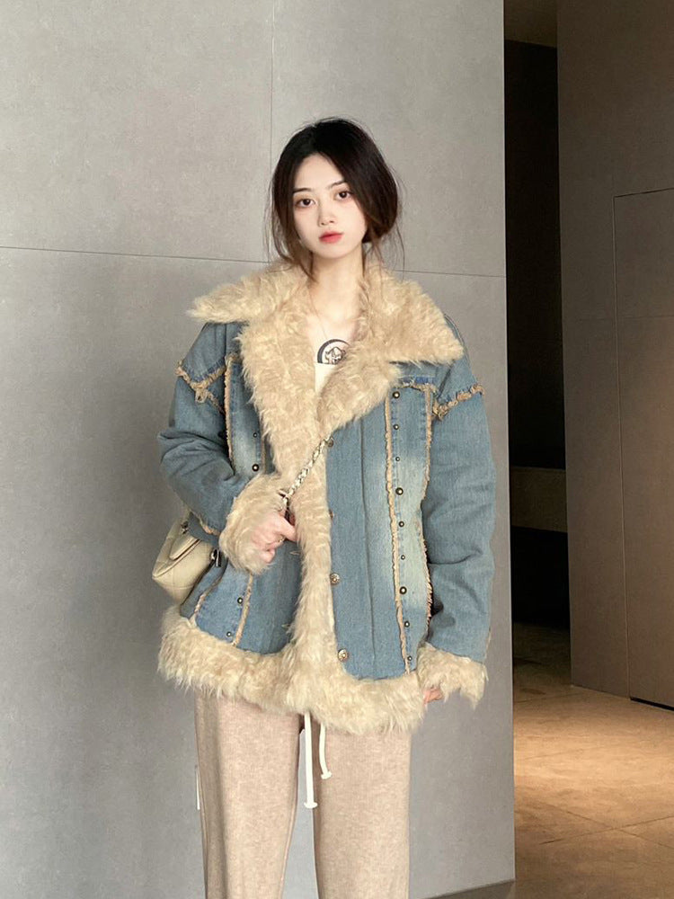 Denim Fur Collar Coat Women's Winter Hong Kong Style Vintage Top - iztia