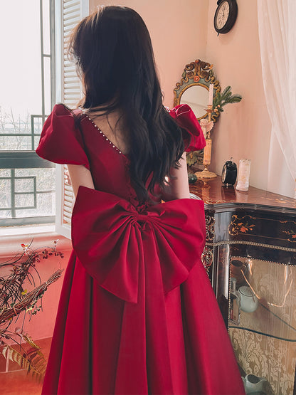 Winter Wine Red Engagement Daily French Princess On The Run Satin Dress - iztia