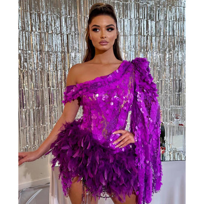 Purple Sequined Feather Skirt One-shoulder Sleeve Short Dress Luxury Party Stage Performance Dress - iztia