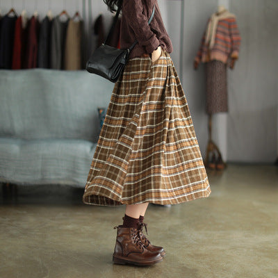 Ancient Coffee Clothing Artistic Brushed Plaid Skirt Retro Loose A- Line - iztia