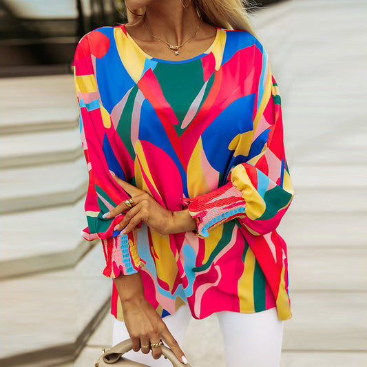 Multi-color Pullover Chiffon Shirt Personalized Abstract Printing Ruffled Long-sleeved Top - iztia