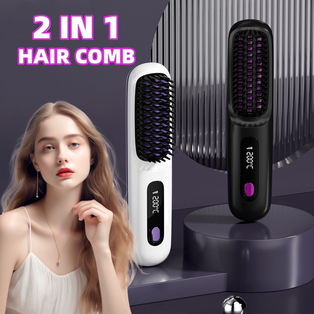 2 In 1 Straight Hair Comb Wireless Hair Straightener Brush Hair Fast Heating Portable Hot Curler USB Charging - iztia