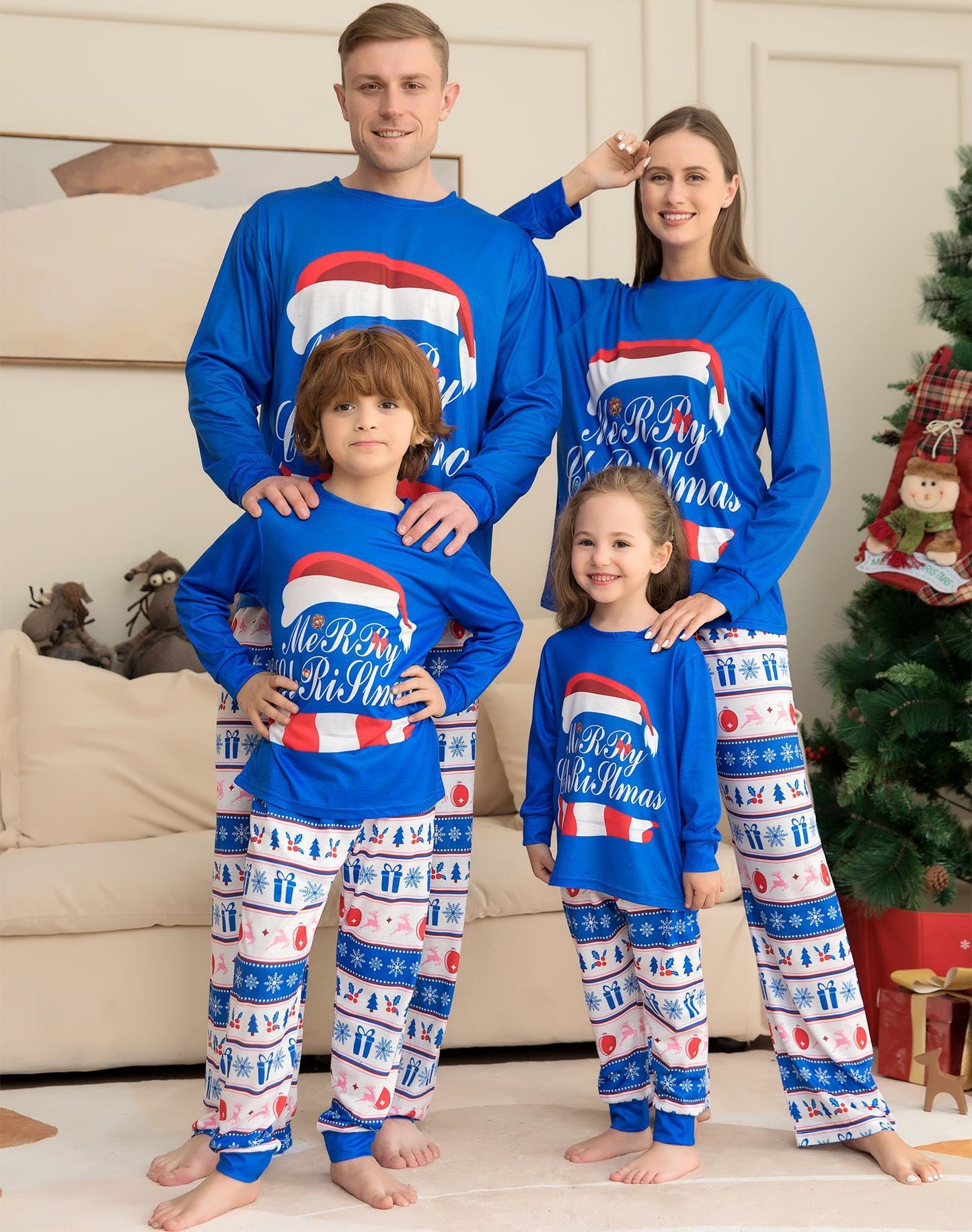 Matching Family Pajamas Sets Christmas PJ's Letter Print Top And Plaid Pants Jammies Sleepwear - iztia