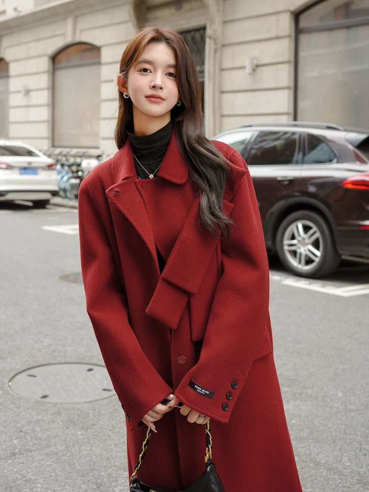 Women's Red Bowknot Woolen Coat Autumn Winter New Coat - iztia