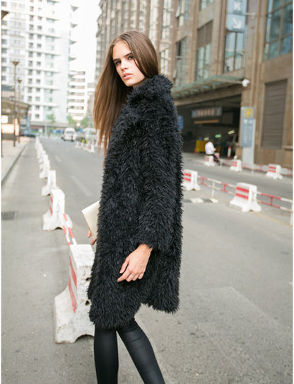 Autumn And Winter Ladies New Lamb Wool Long Trench Coat Imitation Fur Suit Coat Overcoat - iztia