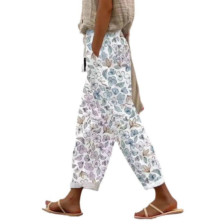 Pocket Casual Printed Elastic Waist Cropped Straight Pants - iztia