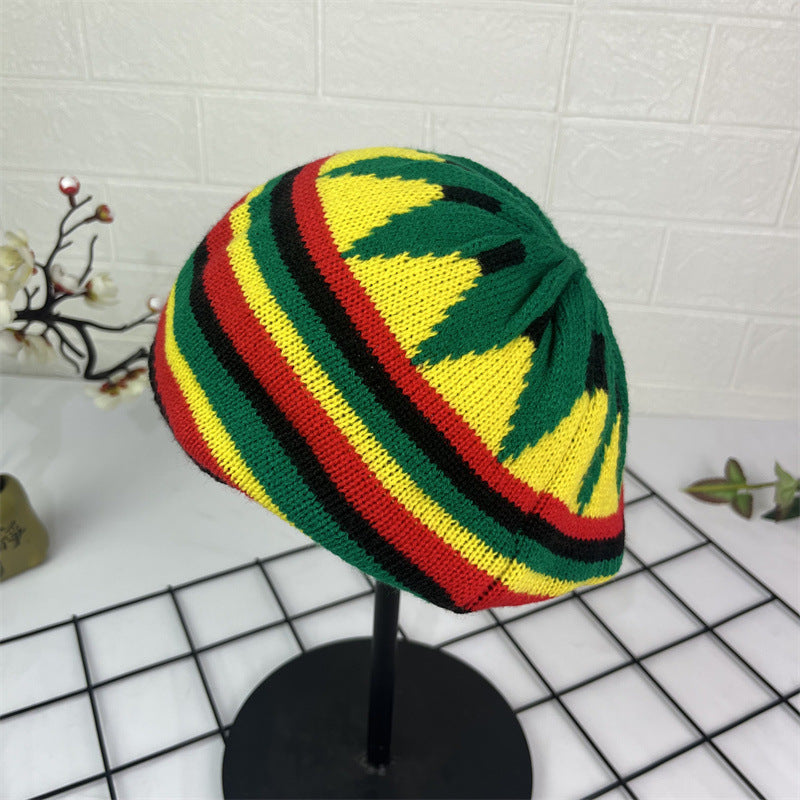 Hand Crocheted Wool Beret Jamaica Colorblock Knit - iztia