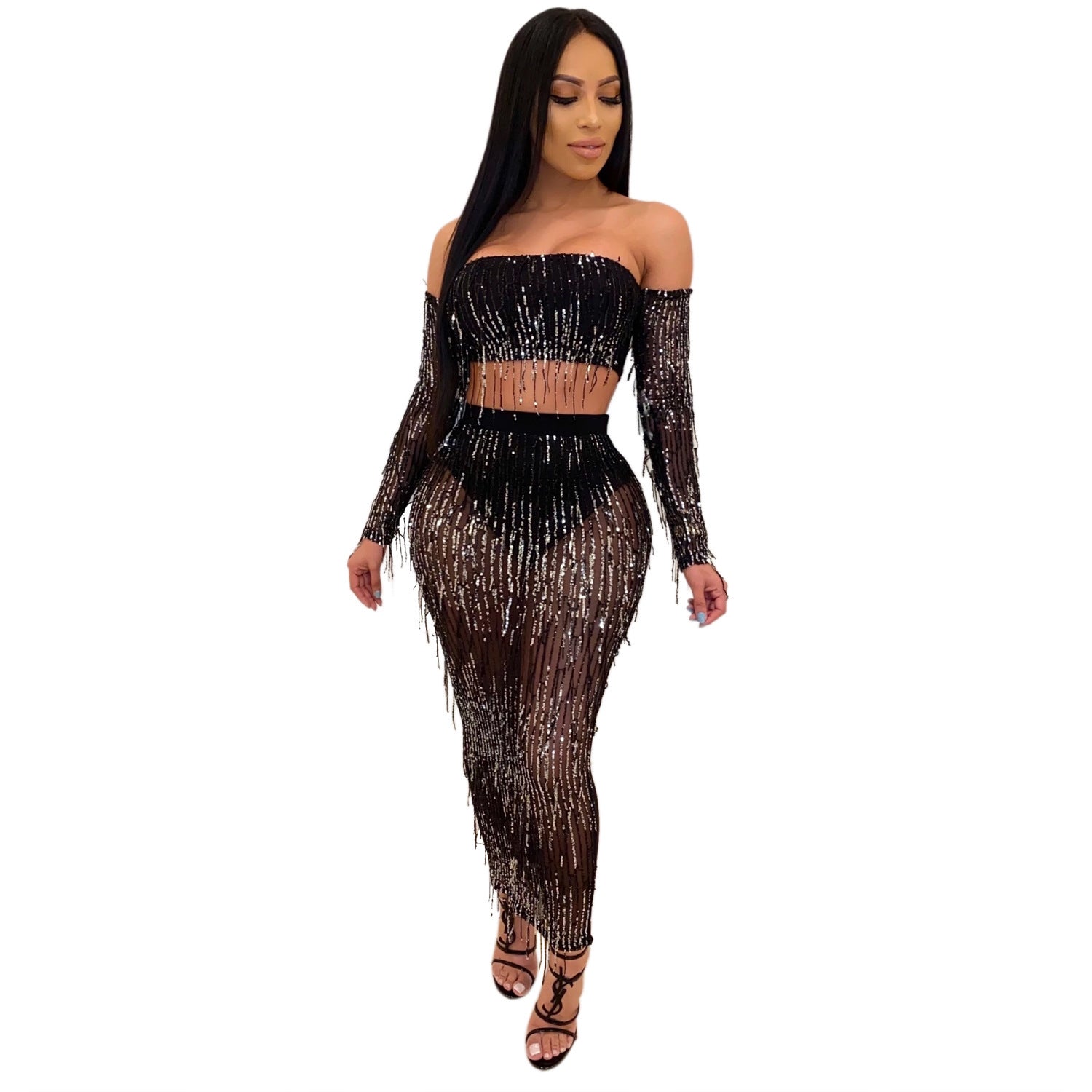 Fashion Sexy See-through Mesh Sequins Tassel Two-piece Set - iztia