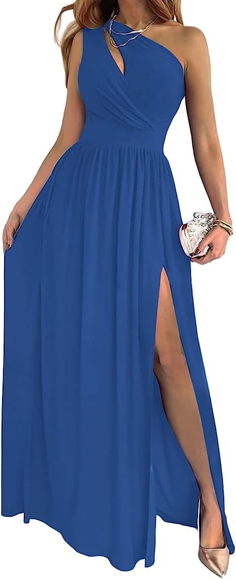 Women's One Shoulder High Split Cutout Sleeveless Elegant Sexy Cocktail Maxi Dress - iztia