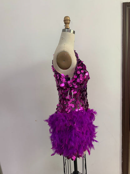 Purple Sequined Feather Skirt One-shoulder Sleeve Short Dress Luxury Party Stage Performance Dress - iztia