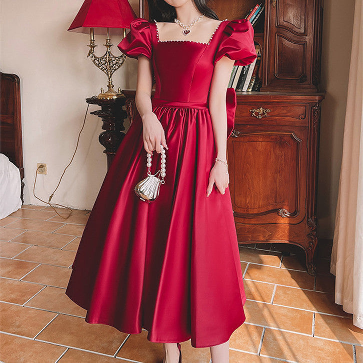 Winter Wine Red Engagement Daily French Princess On The Run Satin Dress - iztia