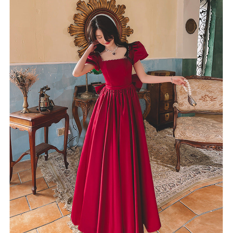 Winter Wine Red Engagement Daily French Princess On The Run Satin Dress - iztia