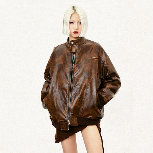 Retro Street Maillard PU Leather Color Rivet Coat - iztia