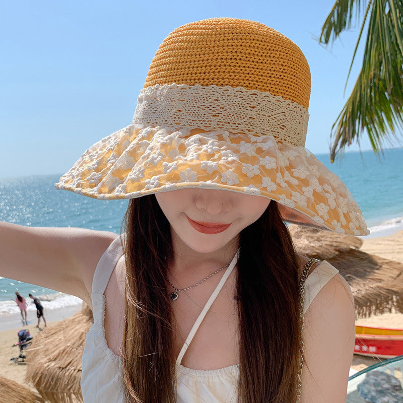 Lace Bow Straw Fisherman Hat Summer Outdoor Sunhat With Large Brim Anti-UV Sunshade And Face Protection Hat - iztia