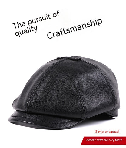 Men's Sheepskin Peaked Cap Beret Vintage Newsboy Painter Octagonal Leather Hat British - iztia