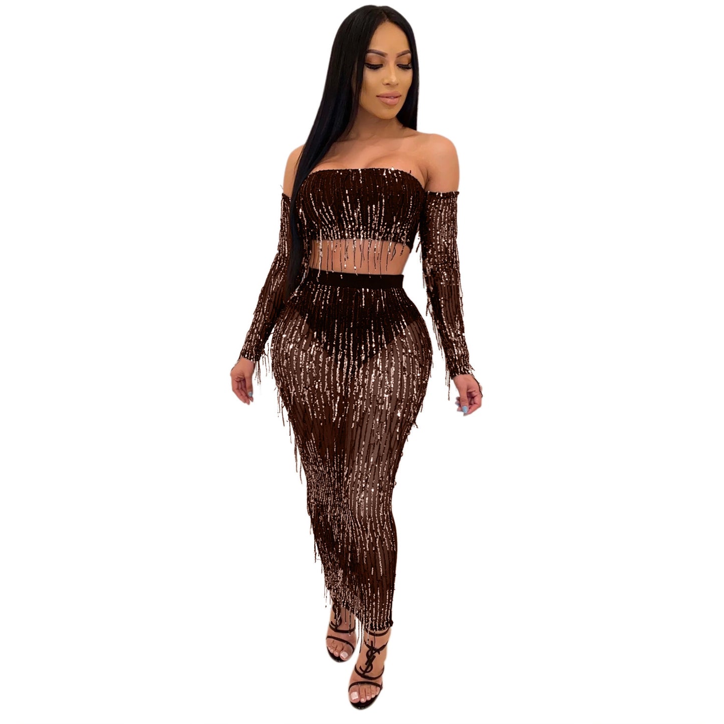 Fashion Sexy See-through Mesh Sequins Tassel Two-piece Set - iztia